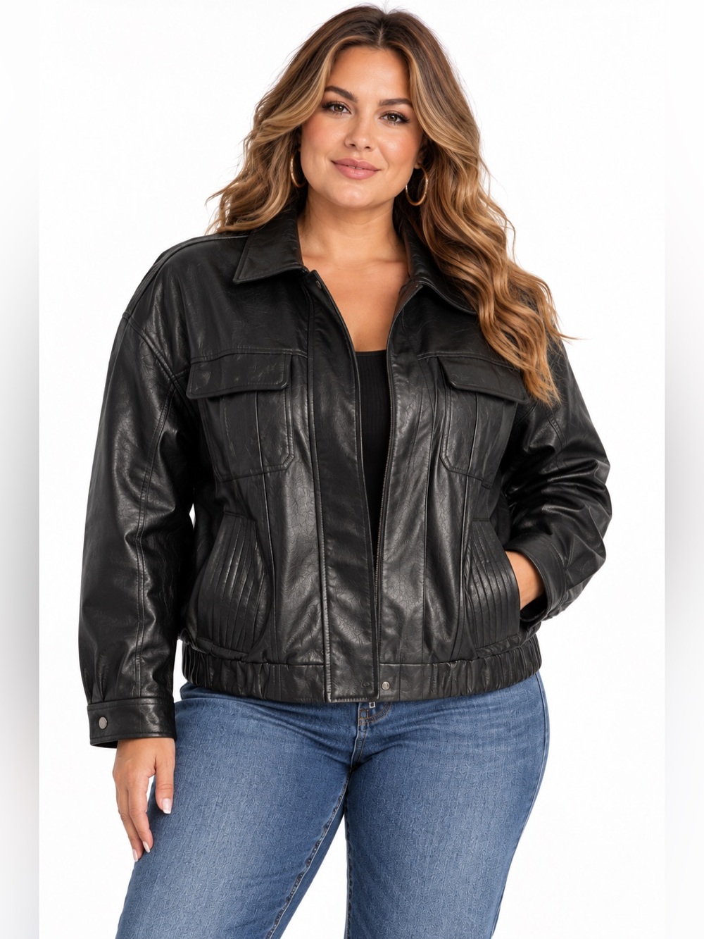 Cider Black Faux Leather Bomber Jacket